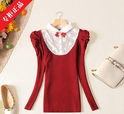 2014秋韓版娃娃翻領(lǐng)刺繡拼接針織衫 時(shí)尚與舒適的完美融合