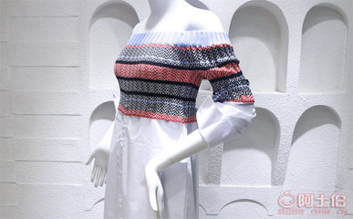 2017明星同款時尚氣質(zhì)露肩一字領撞色條紋針織拼接襯衫裙